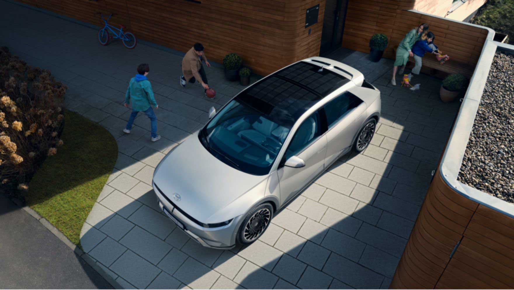 The dynamic profile and sporty silhouette of the Hyundai IONIQ 5 electric midsize CUV.