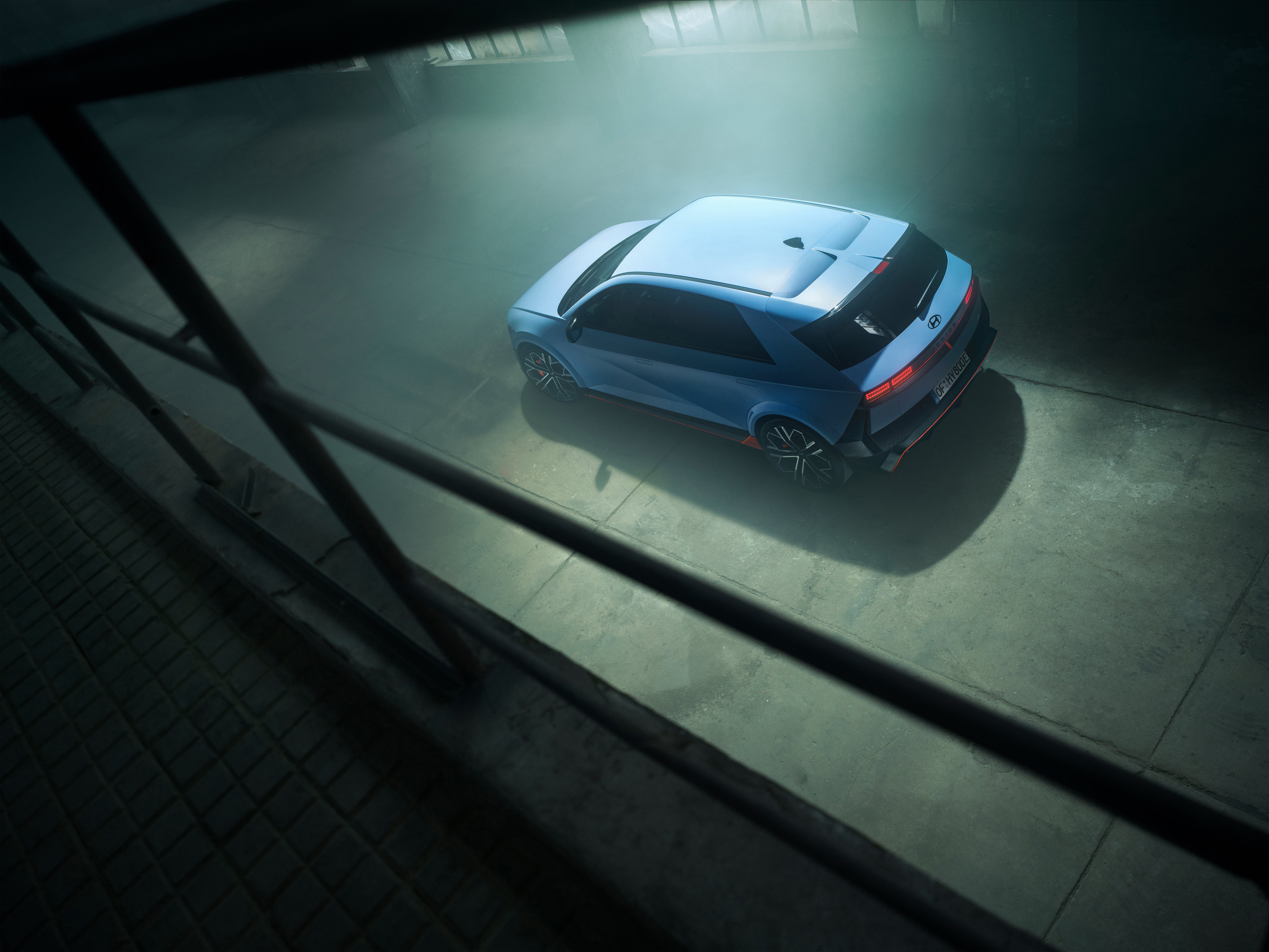 The all-electric Hyundai IONIQ 5 N parked inside a building. 