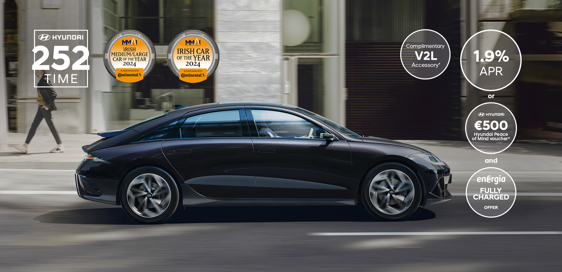 The all-electric Hyundai IONIQ 6 charging in a city with a man leaning on it with an ice cream.