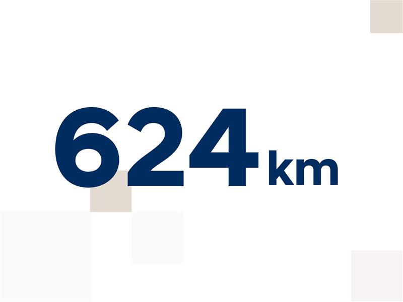 The number 624 describing the Hyundai IONIQ 6’s driving range of 624 kilometres.	