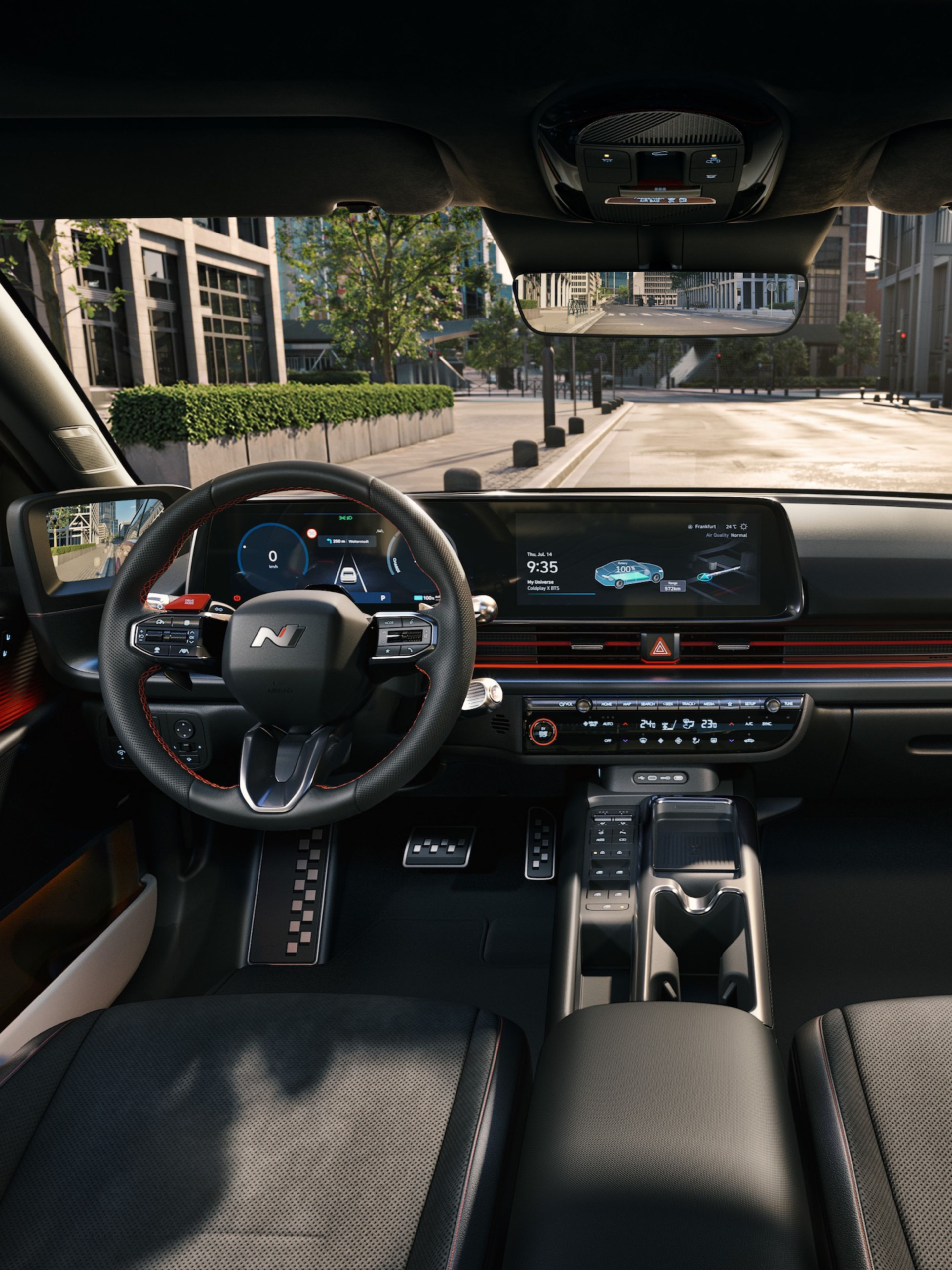 The sporty interior of the new Hyundai IONIQ 6 N Line seen from the rear seats.