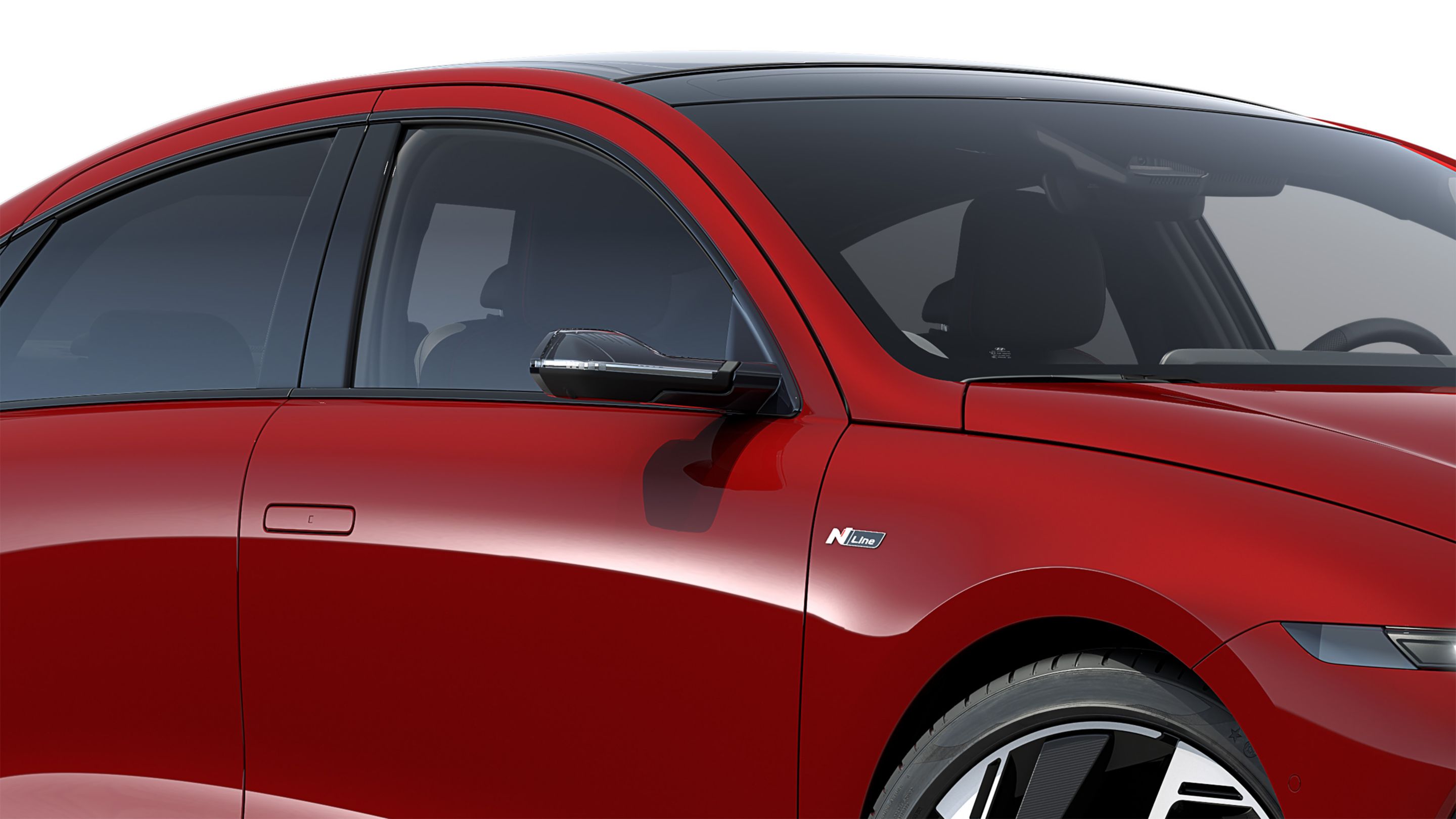 Glossy black mirror caps on a red Hyundai IONIQ 6 N Line electric sedan.