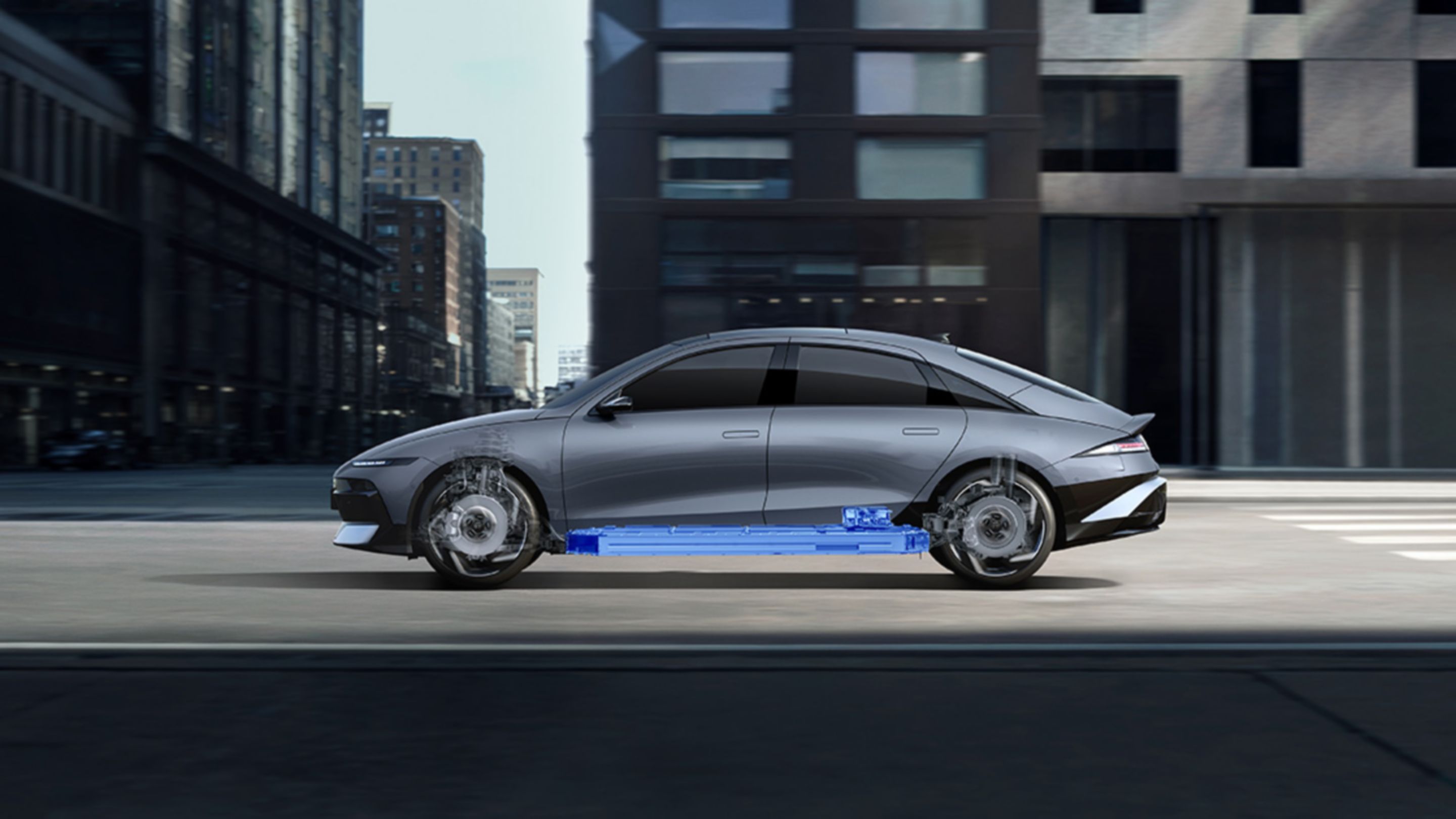 &nbsp;The Hyundai IONIQ 6 shown with an x-ray view of the battery pack.