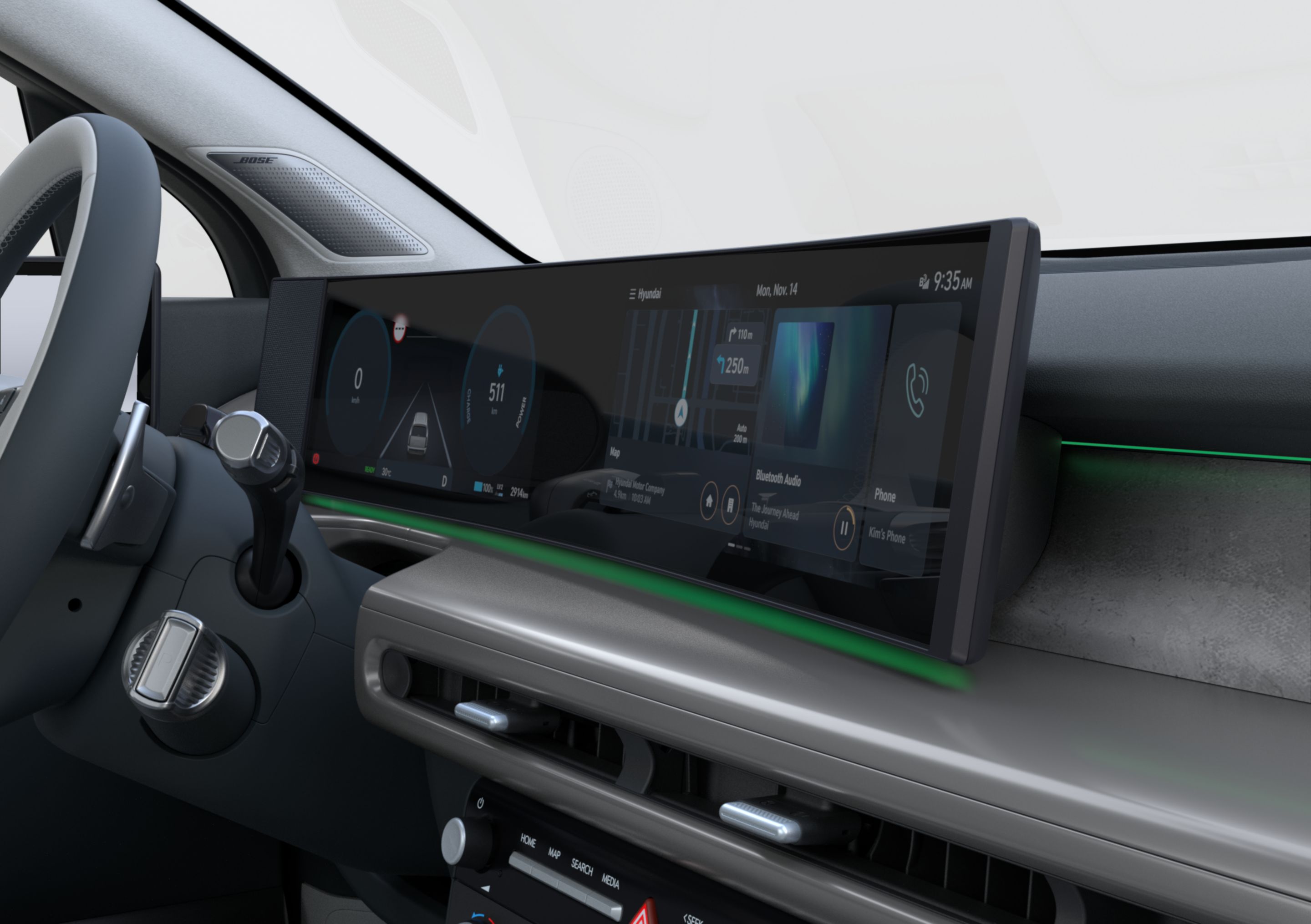 Curved panoramic display of the IONIQ 9 showing Digital Features & Services.