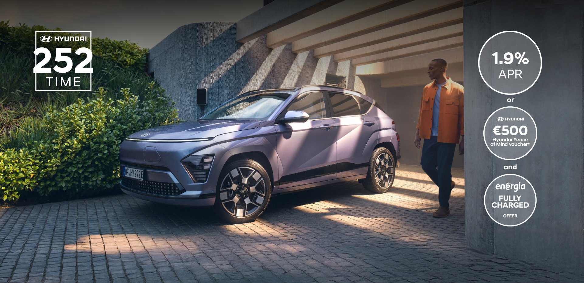 The Hyundai KONA Electric bathed in sunlight with a man walking away from a garage.