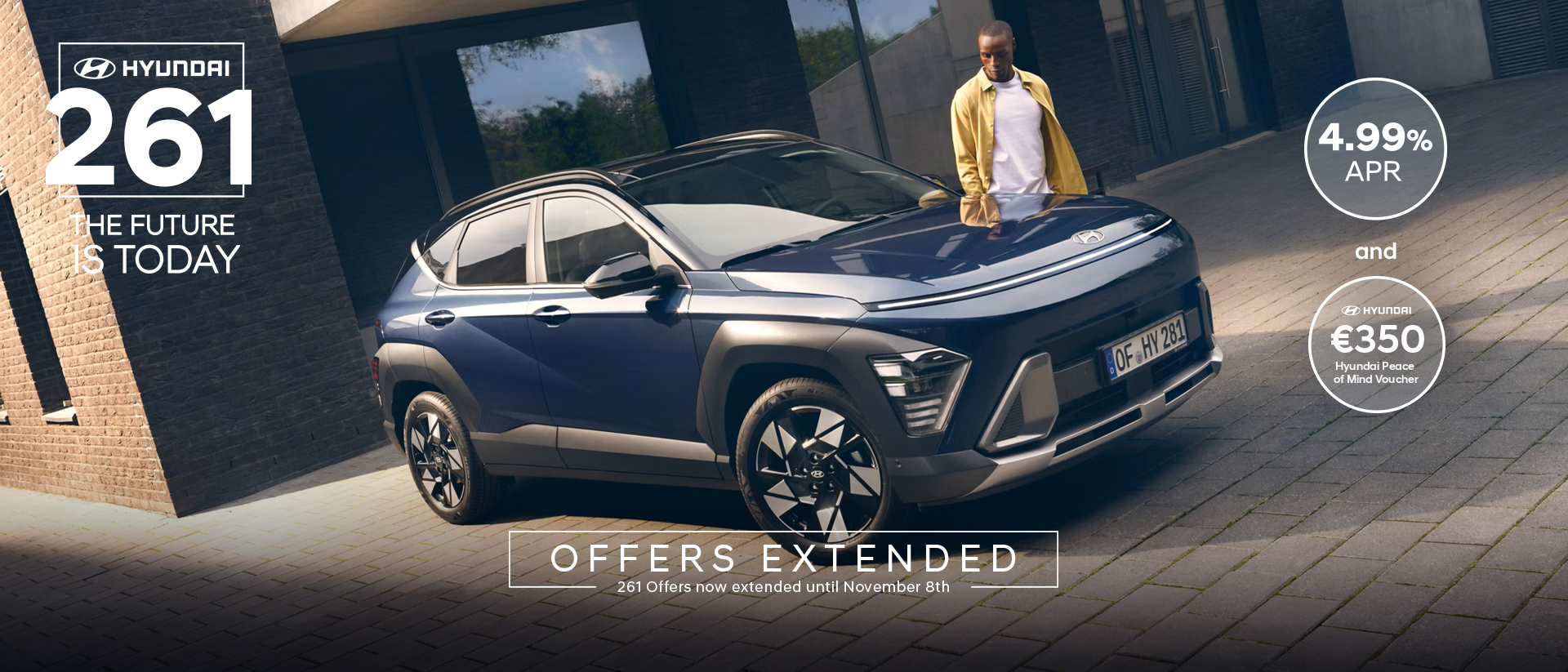 The all-new Hyundai KONA in blue parked next to a men with yellow shirt.
