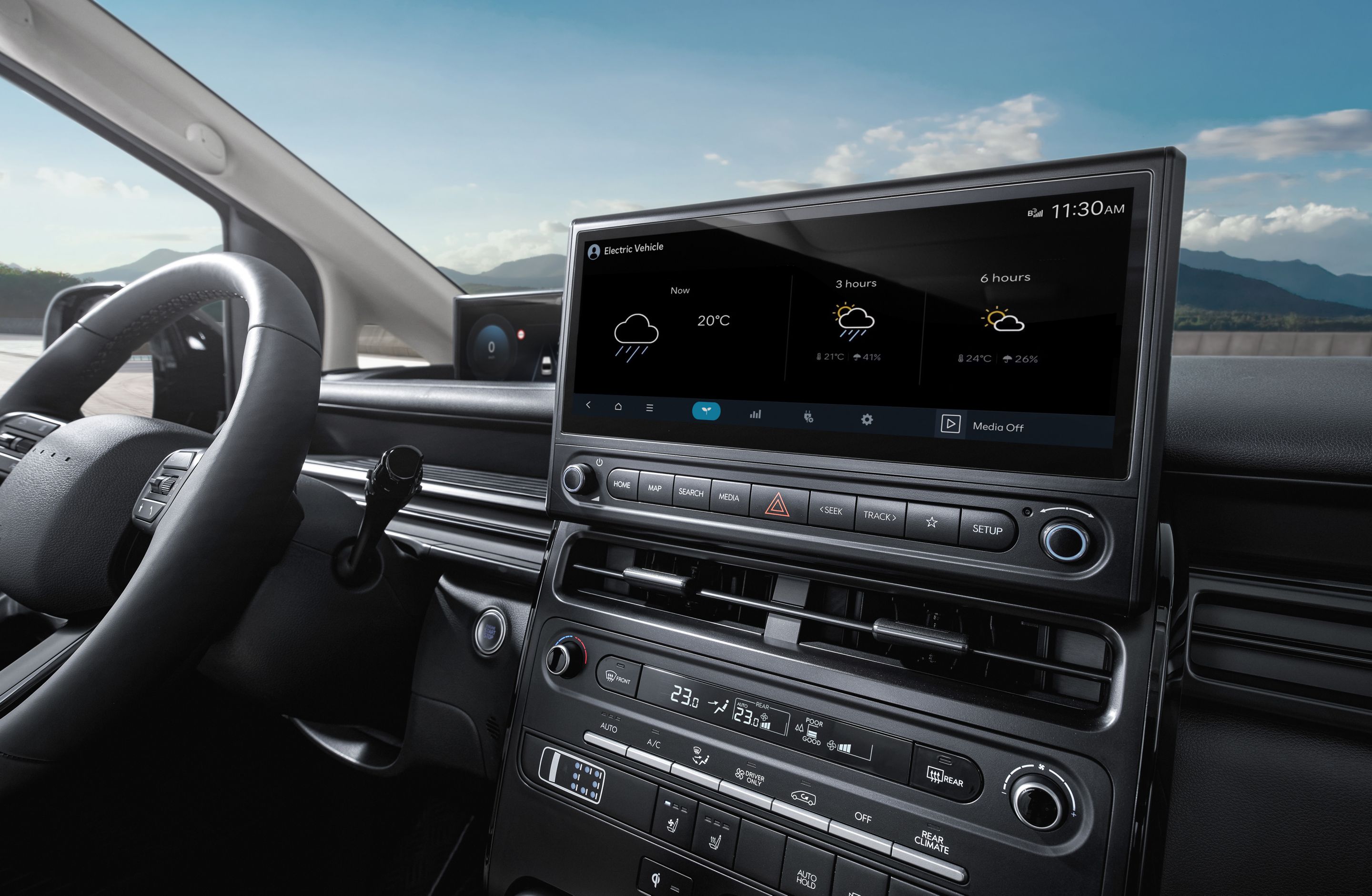 Hyundai STARIA Electric interior display showing live weather forecast and location-based information.