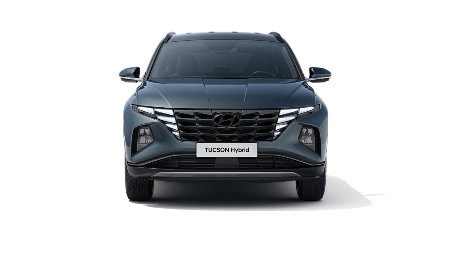The All-New Hyundai Tucson Hybrid compact SUV pictured from the front.