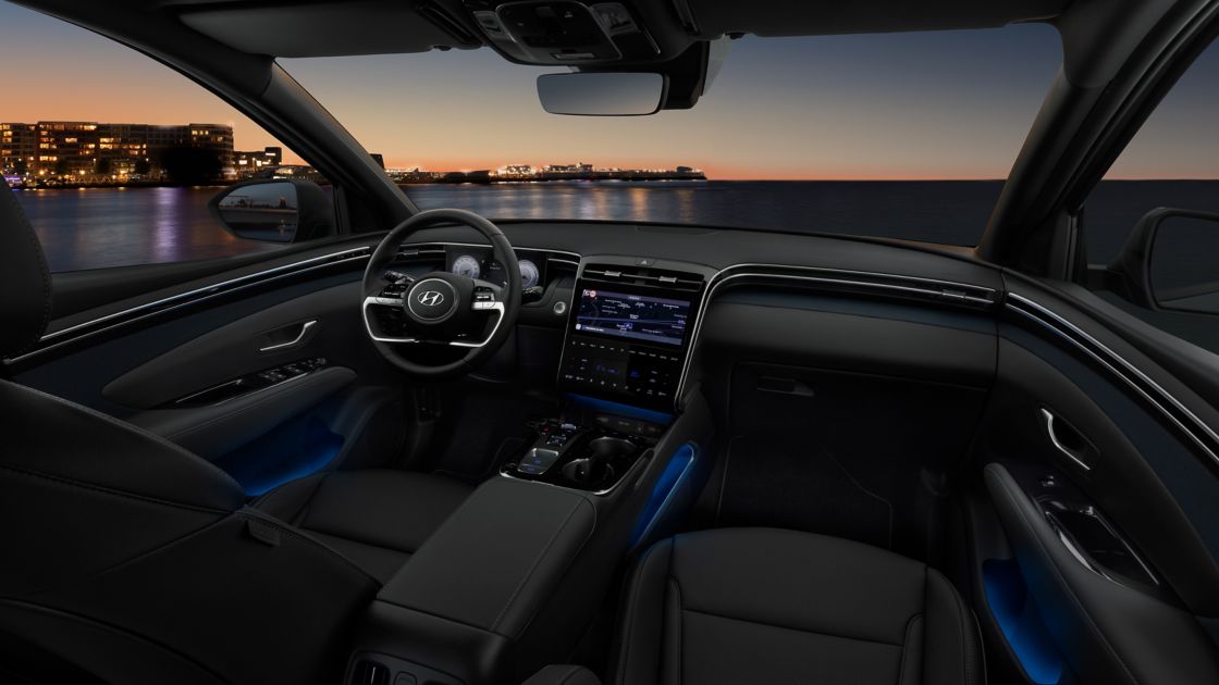 The interior design of the All-New Hyundai Tucson Hybrid compact SUV with its ambient LED lighting. 