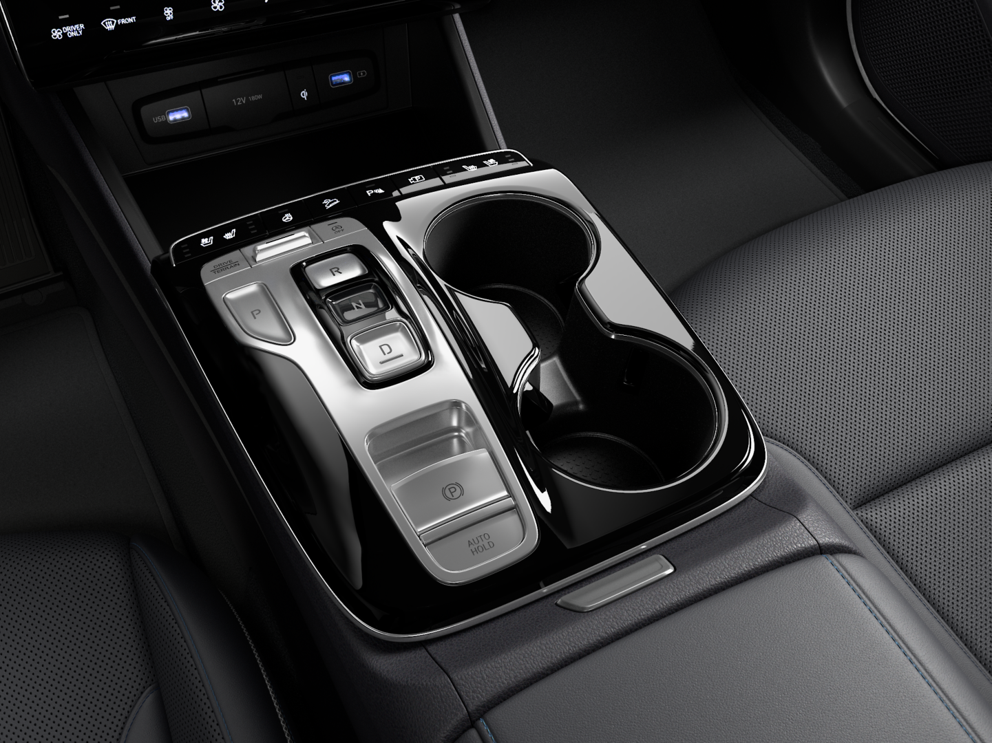 The button type shift by wire  of the All-New Hyundai Tucson Hybrid compact SUV.